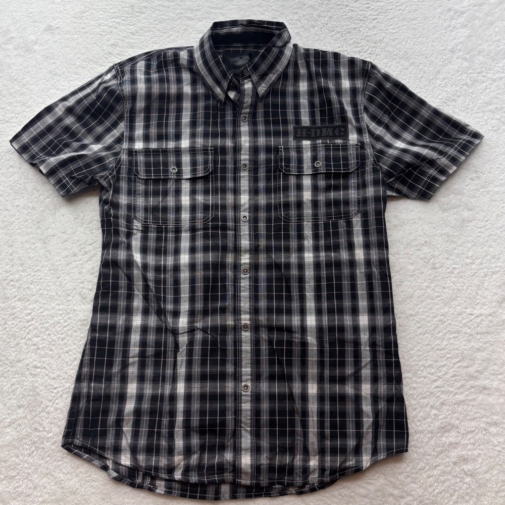 Harley-Davidson Mens Large Black White Plaid Short Sleeve Button Up Shirt H-DMC